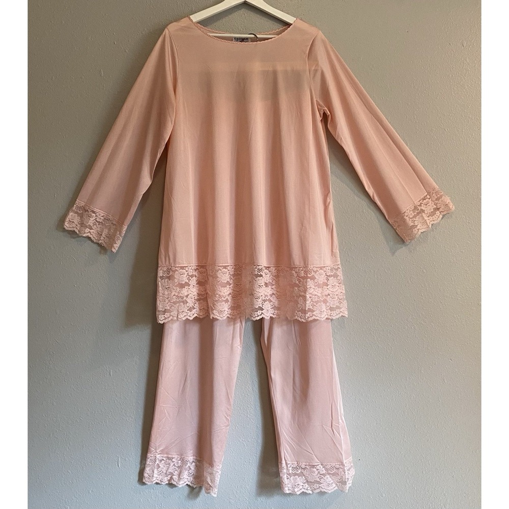 VTG 60s Gilead Pink‎ Lace Pajama Set Mod Coquette Coastal Grandmother Medium USA